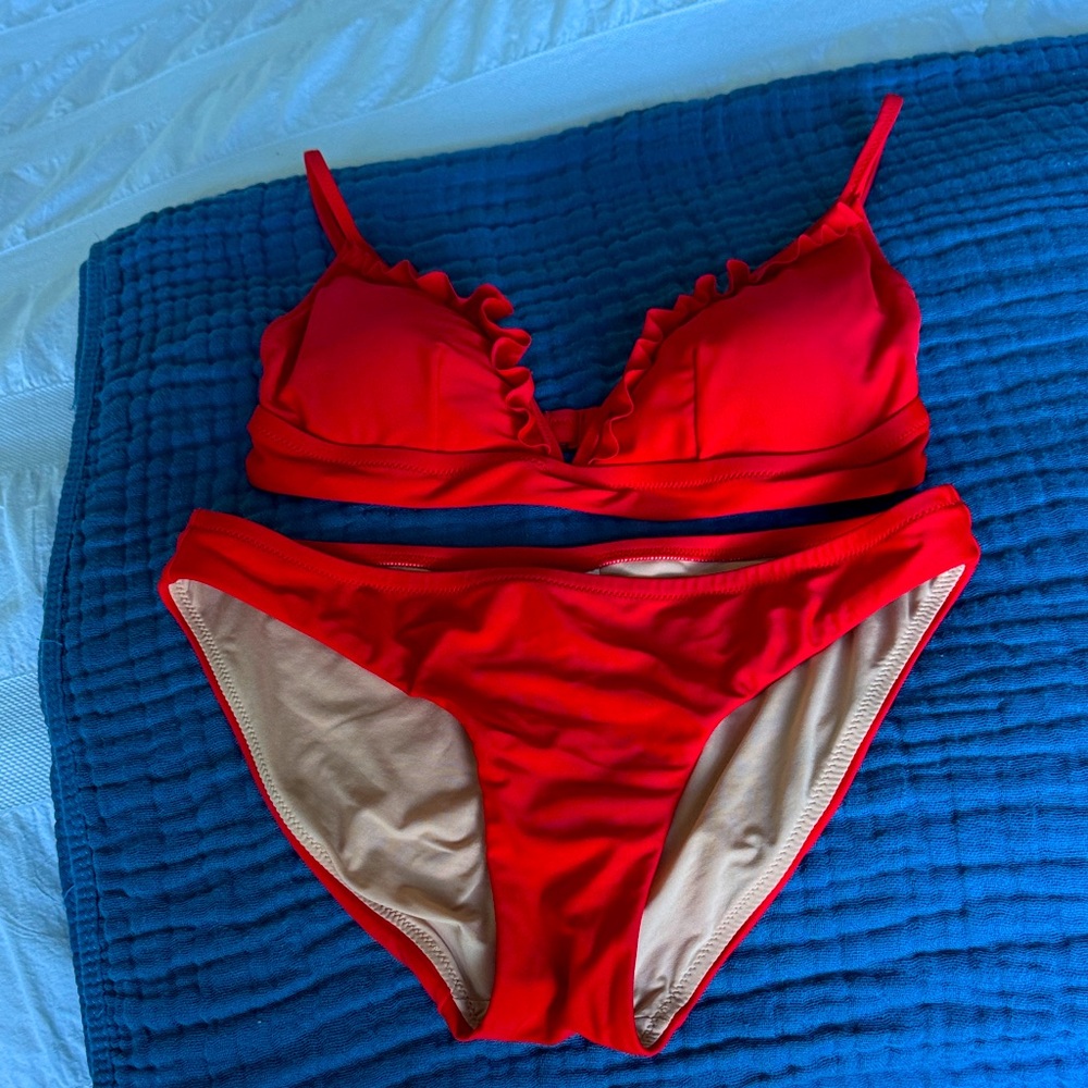 Red Ruffled Bikini Set xs/s J Crew